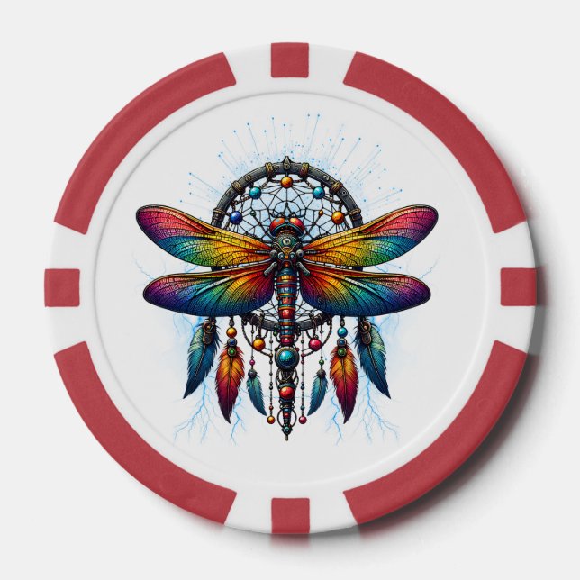 Colorful Psychedelic Dragonfly Dreamcatcher Boho Poker Chips (Front)