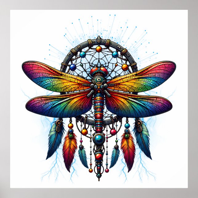 Colorful Psychedelic Dragonfly Dreamcatcher Boho Poster (Front)