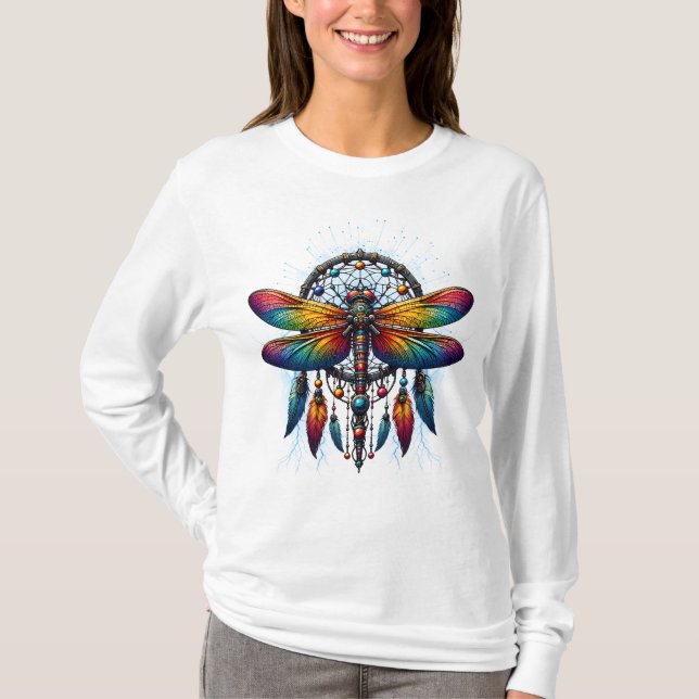 Colorful Psychedelic Dragonfly Dreamcatcher Boho T-Shirt (Front)