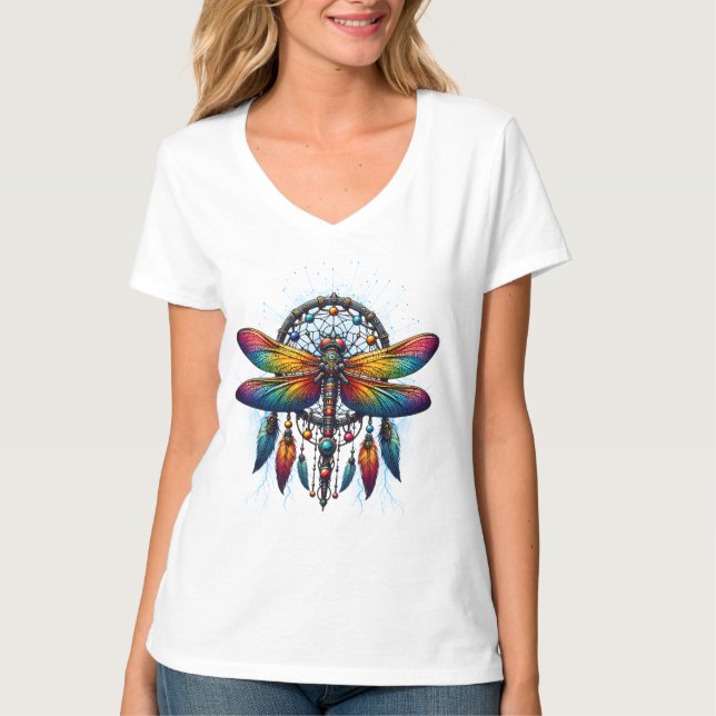 Colorful Psychedelic Dragonfly Dreamcatcher Boho T-Shirt (Front)