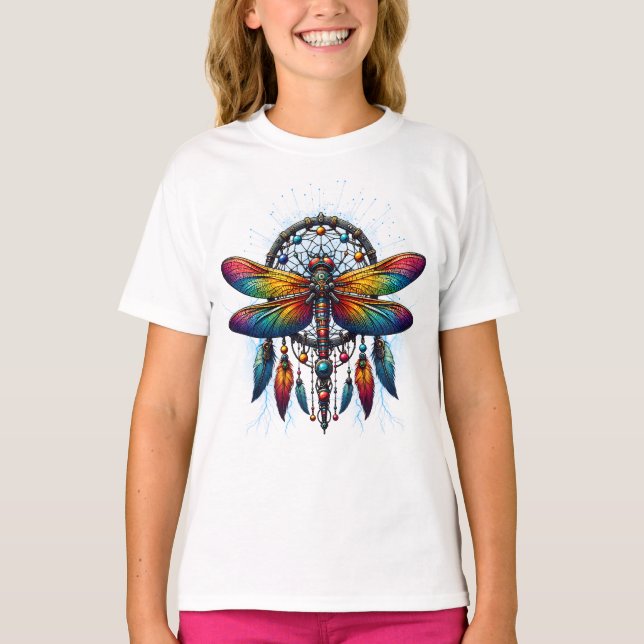 Colorful Psychedelic Dragonfly Dreamcatcher Boho T-Shirt (Front)