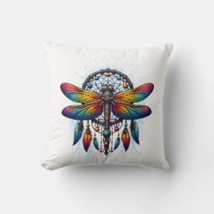 Colorful Psychedelic Dragonfly Dreamcatcher Boho Throw Pillow