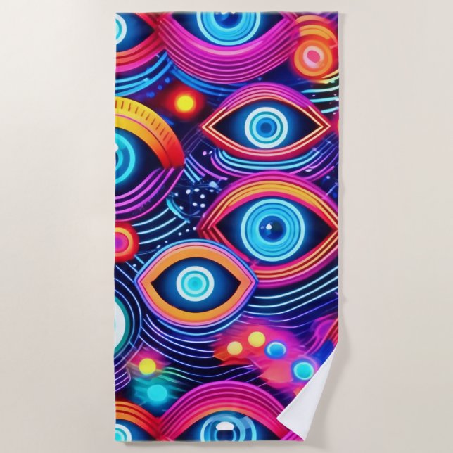 Colorful Psychedelic Eye Pattern Beach Towel (Front)