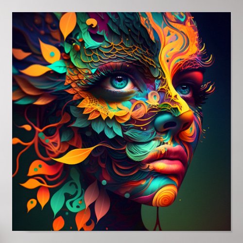 Colorful Psychedelic Female Face AI Generated art Poster