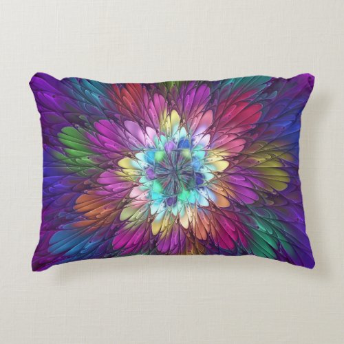 Colorful Psychedelic Flower Abstract Fractal Art Accent Pillow