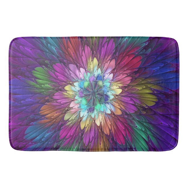Colorful Psychedelic Flower Abstract Fractal Art Bath Mat (Front)