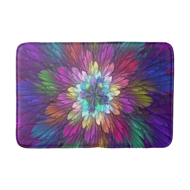 Colorful Psychedelic Flower Abstract Fractal Art Bath Mat (Front)