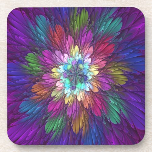 Colorful Psychedelic Flower Abstract Fractal Art Beverage Coaster