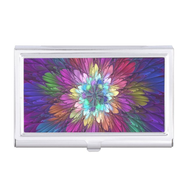 Colorful Psychedelic Flower Abstract Fractal Art Business Card Case (Front)
