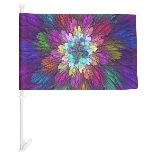 Colorful Psychedelic Flower Abstract Fractal Art Car Flag (Front)