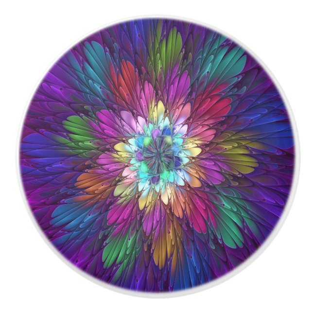 Colorful Psychedelic Flower Abstract Fractal Art Ceramic Knob (Front)