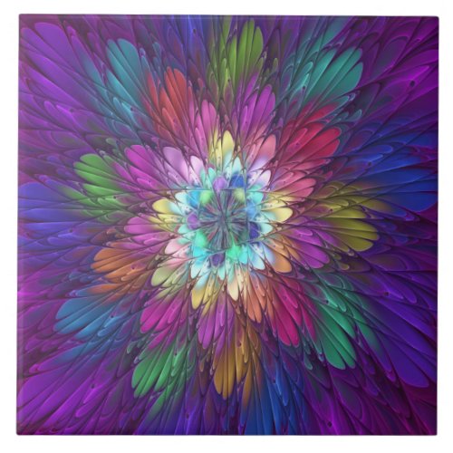 Colorful Psychedelic Flower Abstract Fractal Art Ceramic Tile