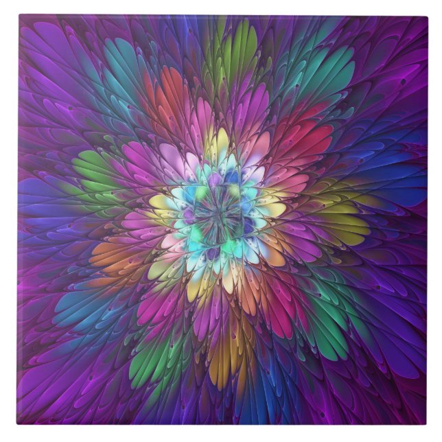 Colorful Psychedelic Flower Abstract Fractal Art Ceramic Tile (Front)
