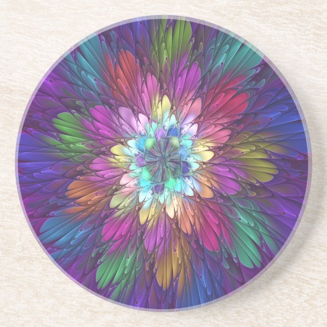 Colorful Psychedelic Flower Abstract Fractal Art Coaster (Front)