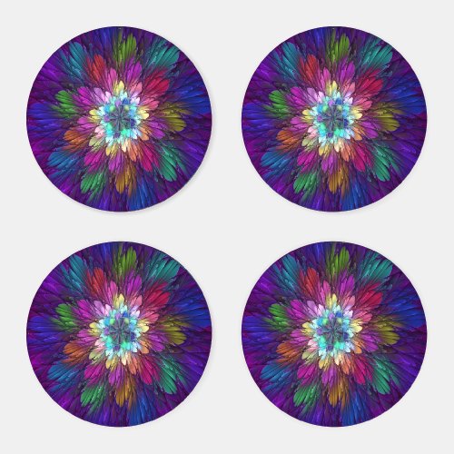 Colorful Psychedelic Flower Abstract Fractal Art Coaster Set