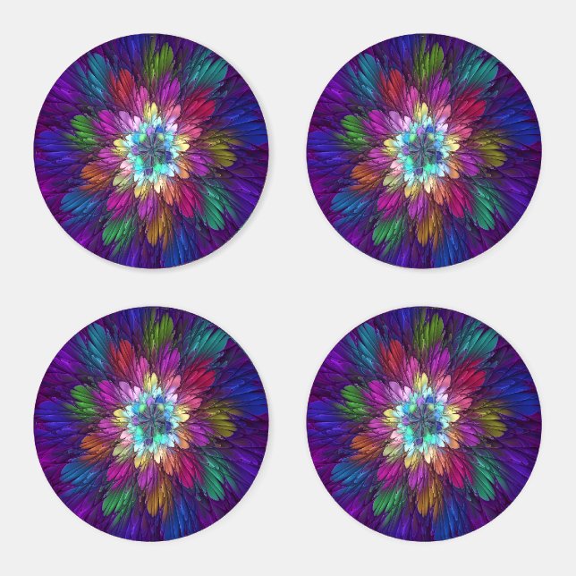 Colorful Psychedelic Flower Abstract Fractal Art Coaster Set (Set)