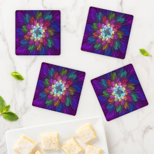 Colorful Psychedelic Flower Abstract Fractal Art Coaster Set