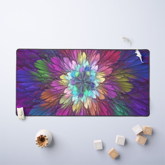 Colorful Psychedelic Flower Abstract Fractal Art Desk Mat (Kids Table)