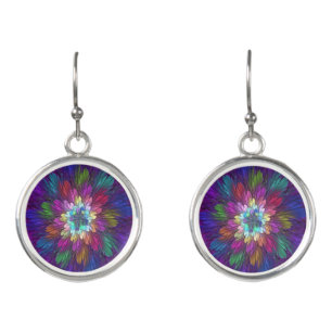 Colorful Psychedelic Flower Abstract Fractal Art Earrings