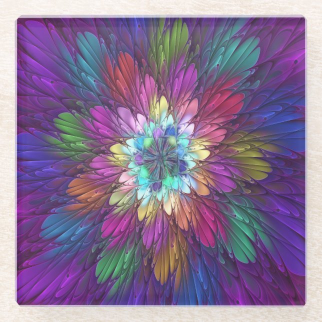Colorful Psychedelic Flower Abstract Fractal Art Glass Coaster (Front)