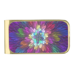 Colorful Psychedelic Flower Abstract Fractal Art Gold Finish Money Clip