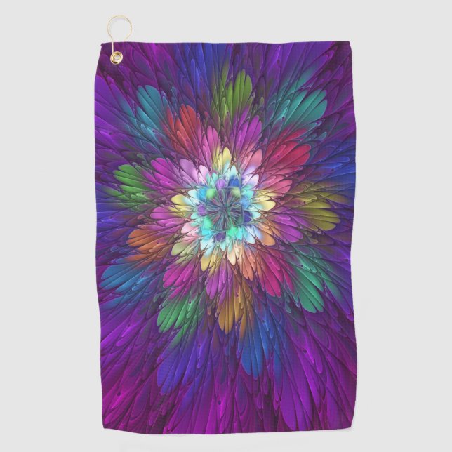 Colorful Psychedelic Flower Abstract Fractal Art Golf Towel (Front)