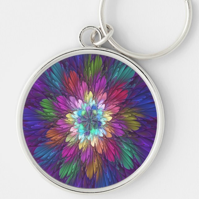 Colorful Psychedelic Flower Abstract Fractal Art Keychain (Front)