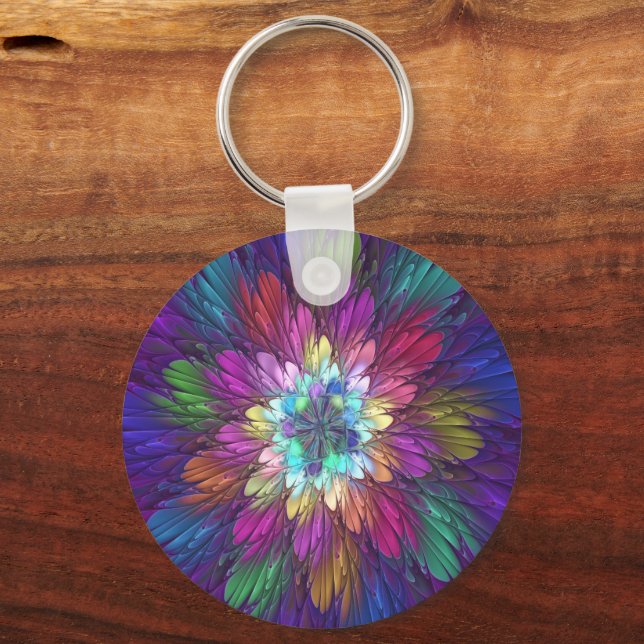 Colorful Psychedelic Flower Abstract Fractal Art Keychain (Front)