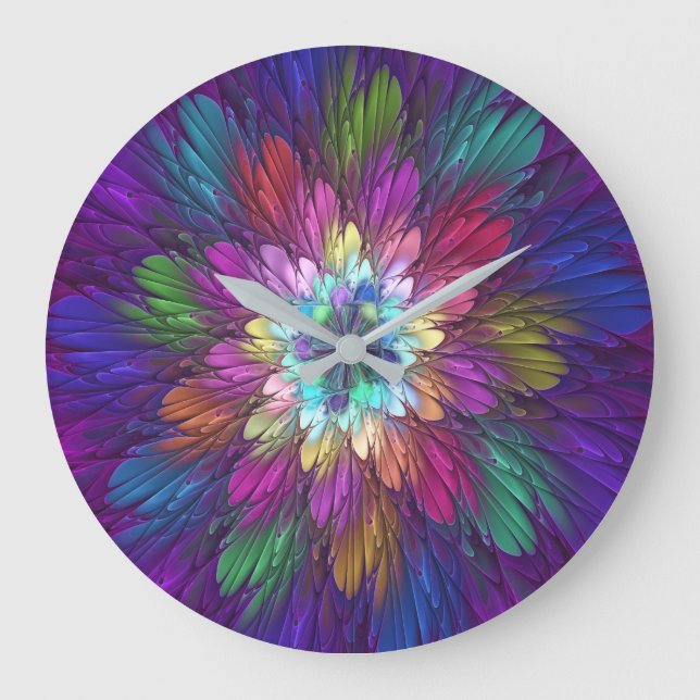 Colorful Psychedelic Flower Abstract Fractal Art Large Clock (Front)