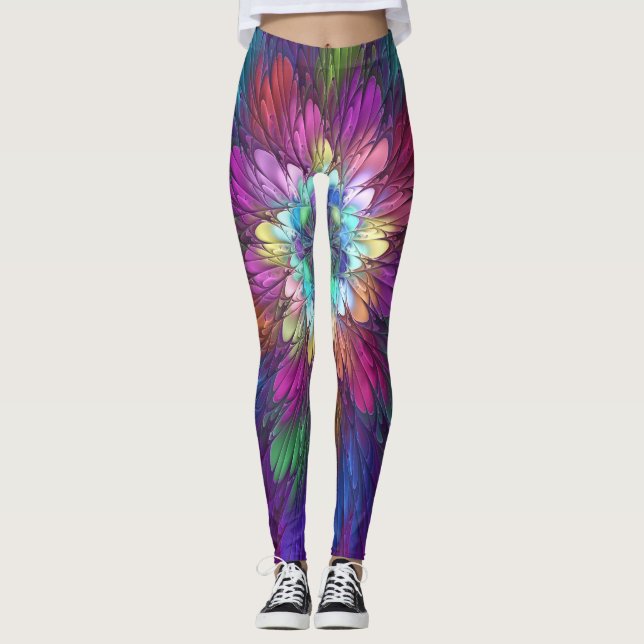 Colorful Psychedelic Flower Abstract Fractal Art Leggings (Front)