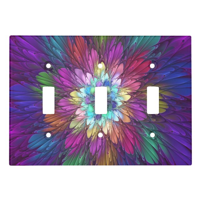 Colorful Psychedelic Flower Abstract Fractal Art Light Switch Cover (Front)