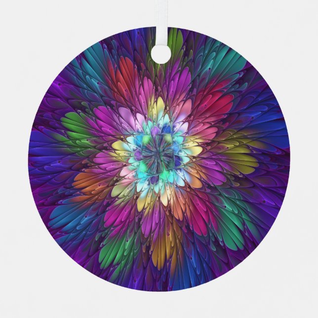 Colorful Psychedelic Flower Abstract Fractal Art Metal Ornament (Front)