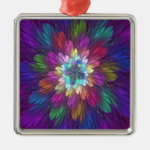 Colorful Psychedelic Flower Abstract Fractal Art Metal Ornament