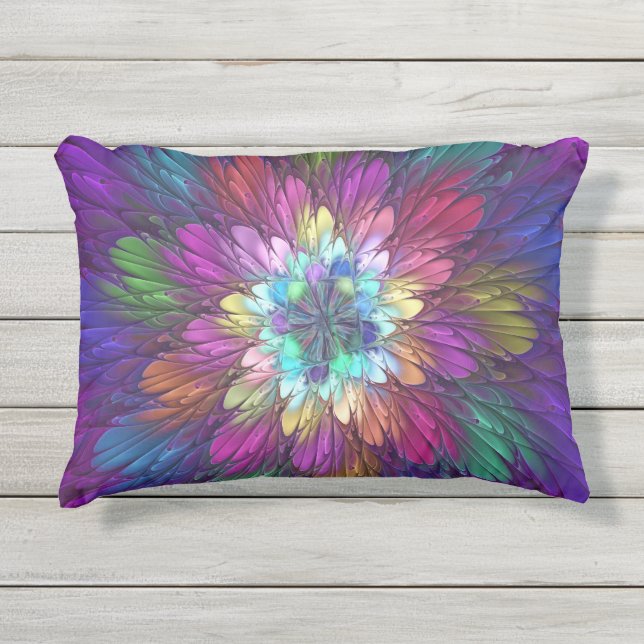 Colorful Psychedelic Flower Abstract Fractal Art Outdoor Pillow (Front)