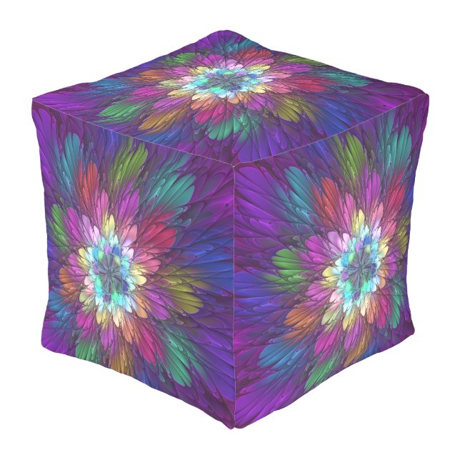 Colorful Psychedelic Flower Abstract Fractal Art Outdoor Pouf (Angled Front)