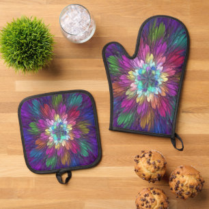 Colorful Psychedelic Flower Abstract Fractal Art Oven Mitt & Pot Holder Set