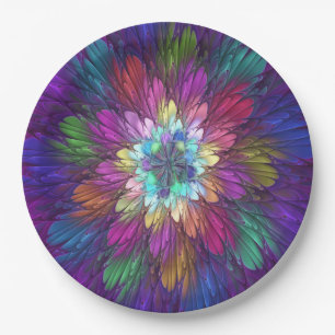 Colorful Psychedelic Flower Abstract Fractal Art Paper Plates