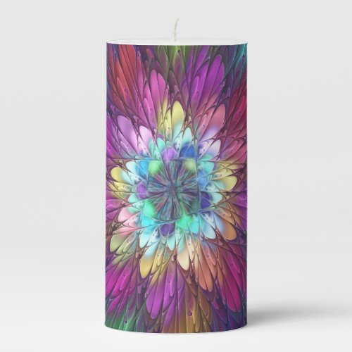 Colorful Psychedelic Flower Abstract Fractal Art Pillar Candle