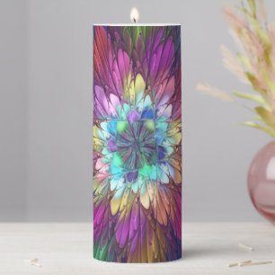 Colorful Psychedelic Flower Abstract Fractal Art Pillar Candle
