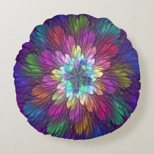 Colorful Psychedelic Flower Abstract Fractal Art Round Pillow