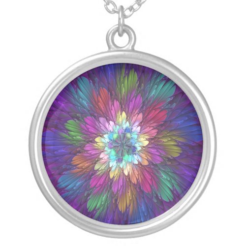 Colorful Psychedelic Flower Abstract Fractal Art Silver Plated Necklace
