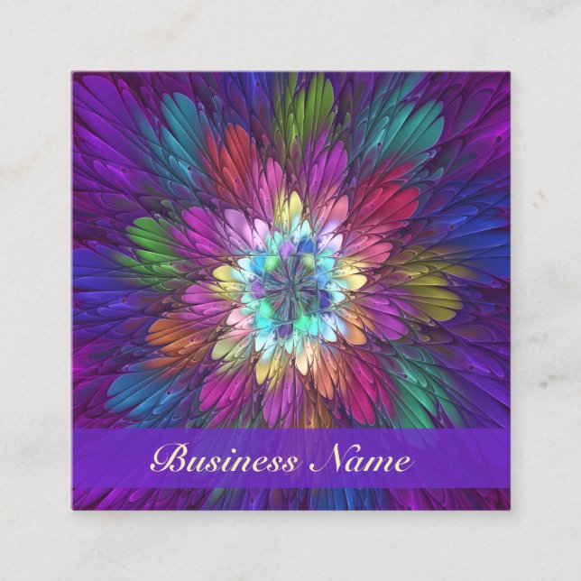 Colorful Psychedelic Flower Abstract Fractal Art Square Business Card (Front)