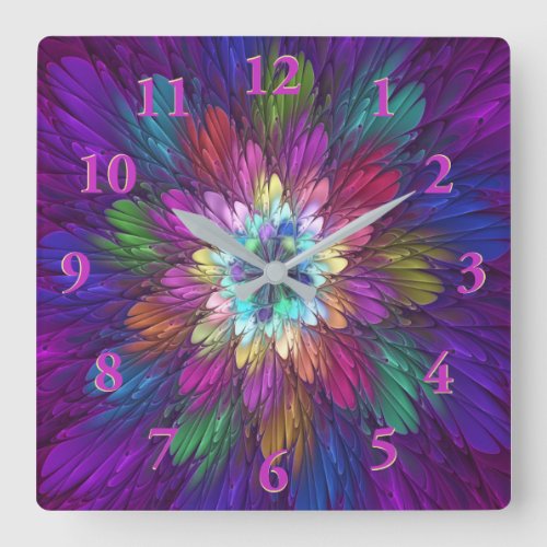 Colorful Psychedelic Flower Abstract Fractal Art Square Wall Clock