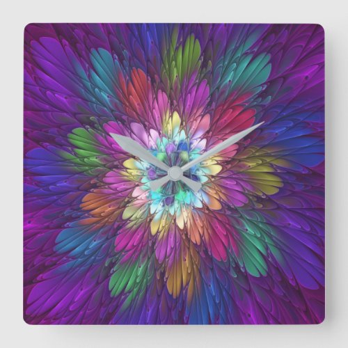 Colorful Psychedelic Flower Abstract Fractal Art Square Wall Clock