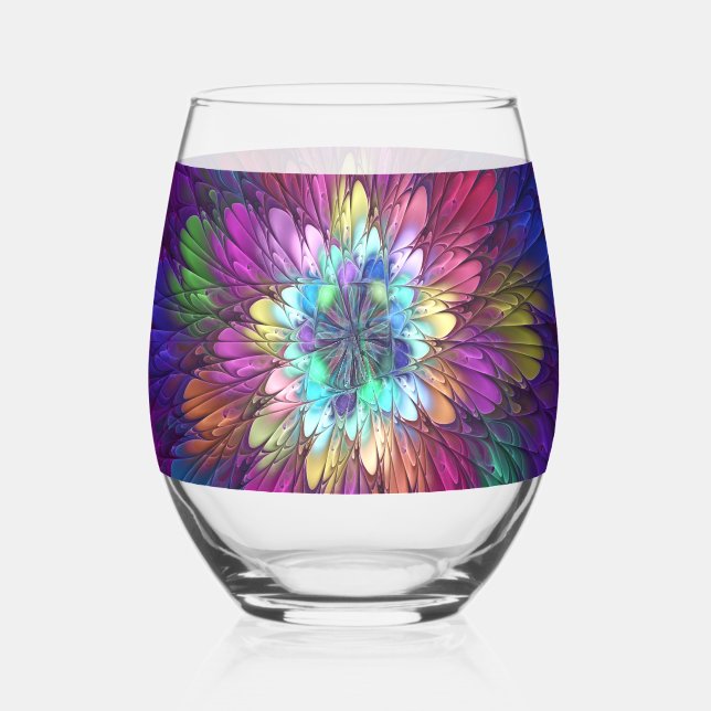 Colorful Psychedelic Flower Abstract Fractal Art Stemless Wine Glass (Front)