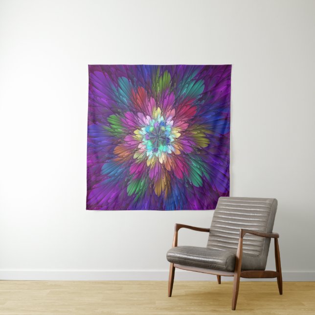 Colorful Psychedelic Flower Abstract Fractal Art Tapestry (In Situ)