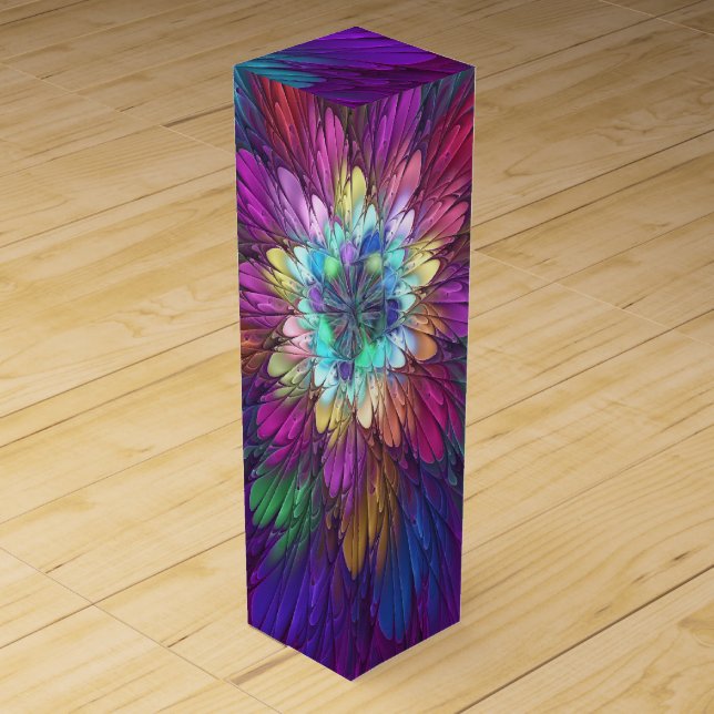 Colorful Psychedelic Flower Abstract Fractal Art Wine Box (Front)