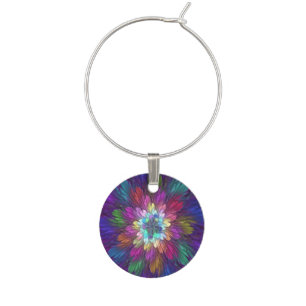Colorful Psychedelic Flower Abstract Fractal Art Wine Charm