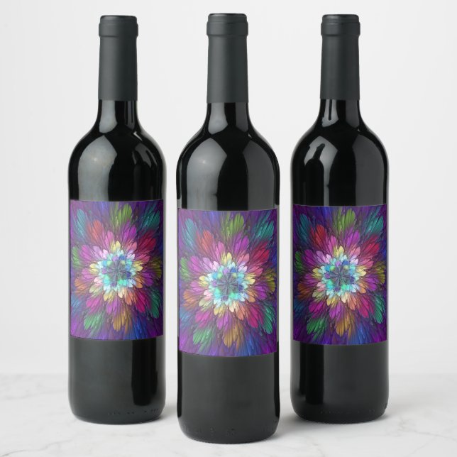 Colorful Psychedelic Flower Abstract Fractal Art Wine Label (Bottles)