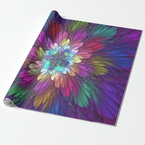 Colorful Psychedelic Flower Abstract Fractal Art Wrapping Paper